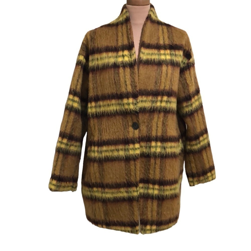 Blank NYC Coat Size XL Yellow Plaid Fuzzy Faux Mohair